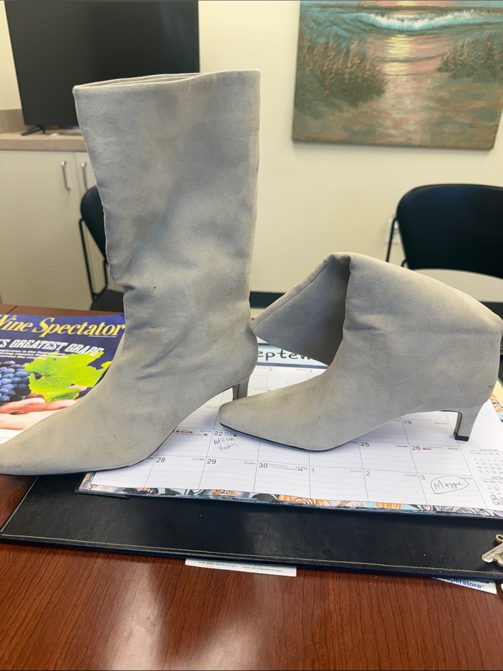 Women’s Light Gray Suede Pointed-Toe Mid-Heel Boots by
